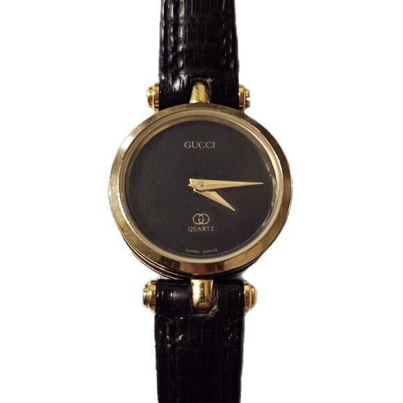 Gucci Vintage Y2K 18k Gold Plated GG Black Face Leather Band Dainty Stack Watch - Picture 9 of 9